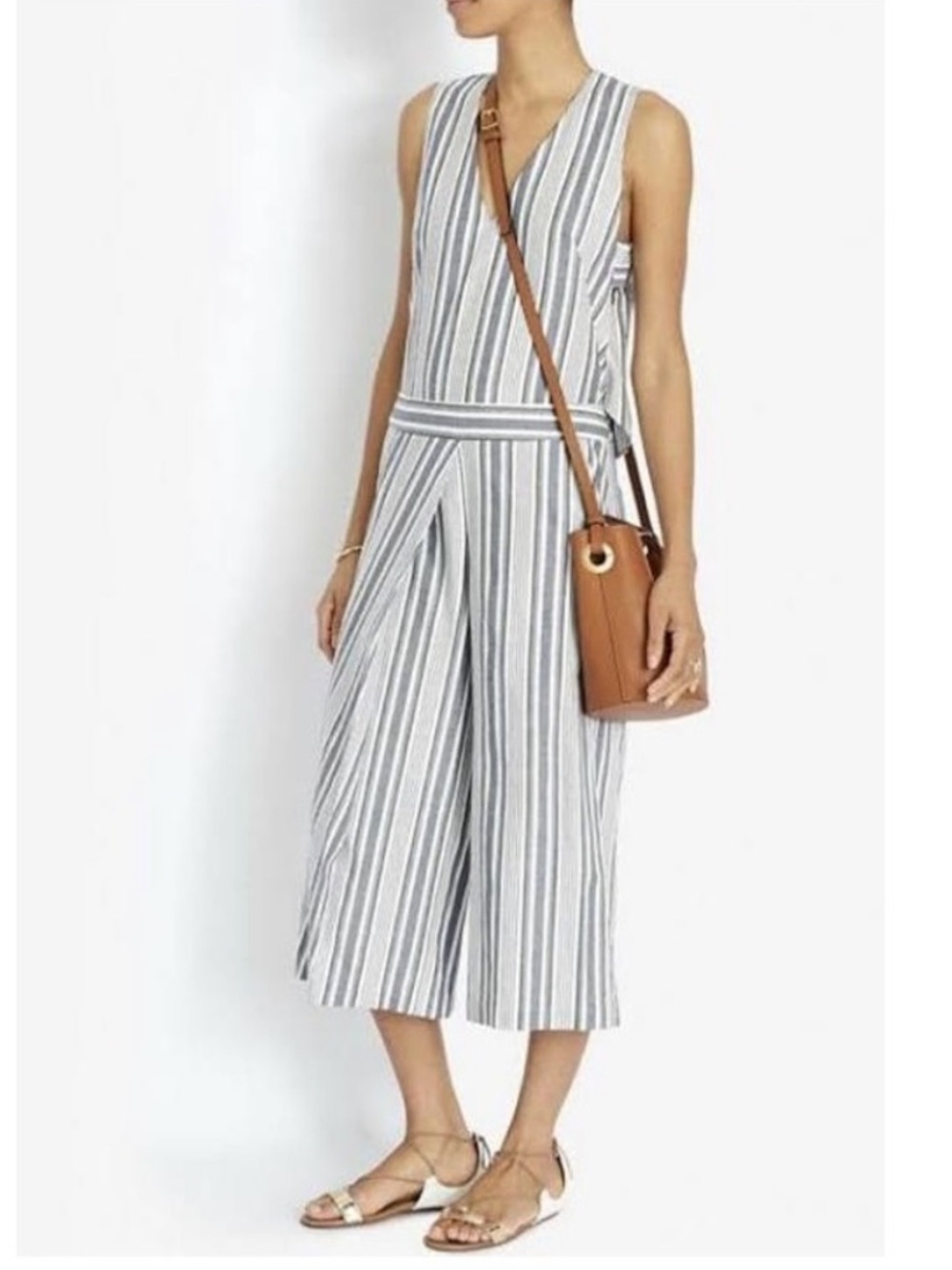 INTERMIX Sleeveless Striped Jumpsuit in Gray and White